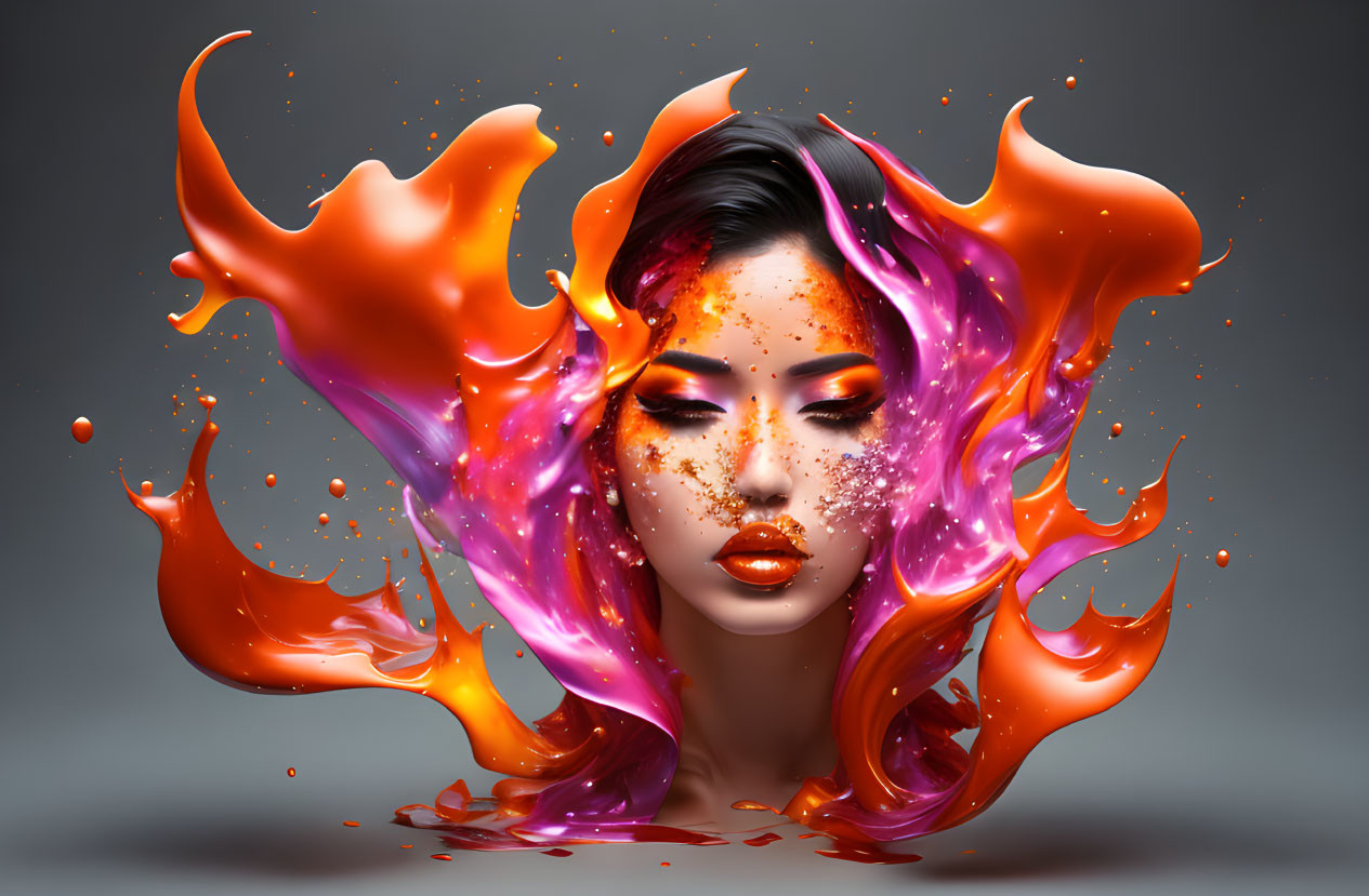 Digital Artwork: Woman with Orange and Purple Flame Hair on Gray Background