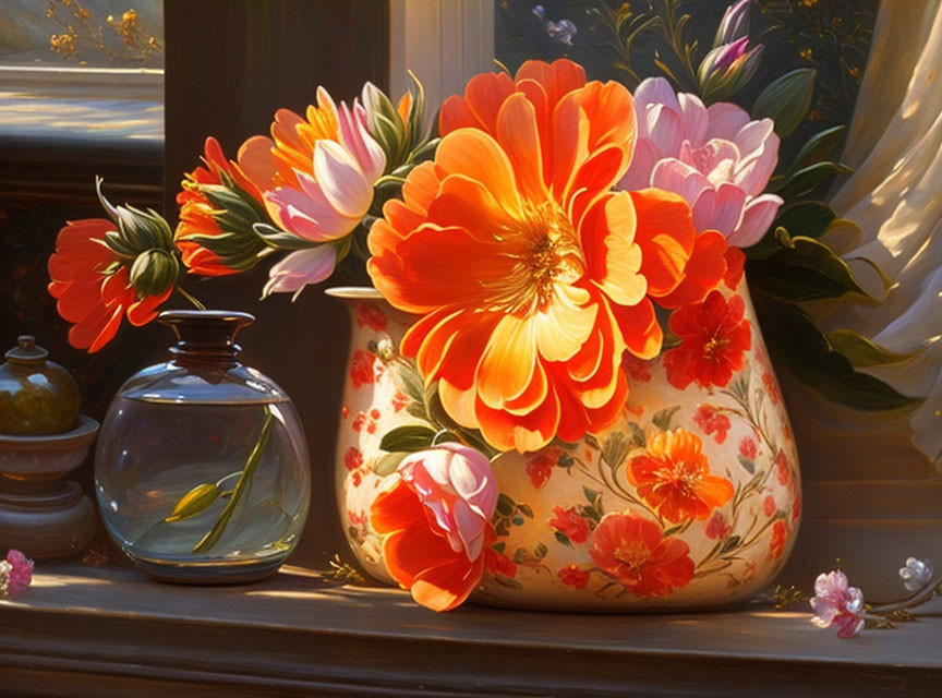 Orange flowers in patterned vase with blue bottle on window sill