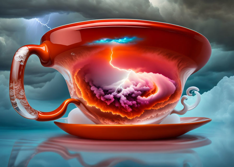 Surreal image: tea cup with thunderstorm and lightning in cloudy sky