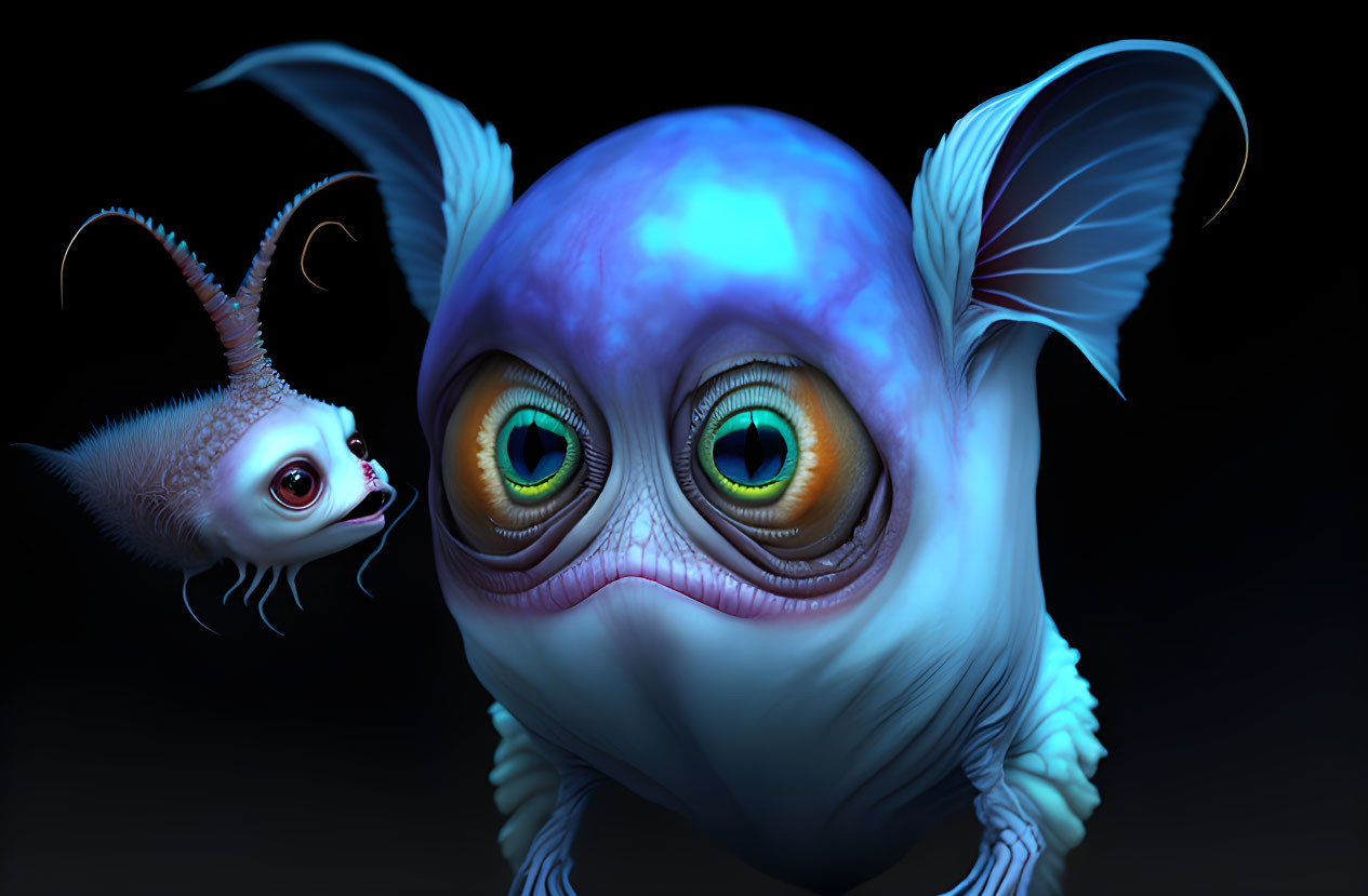 Stylized fantastical creatures with large eyes on dark background