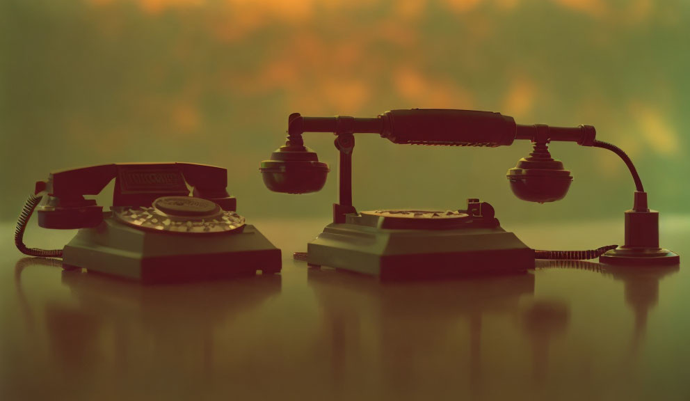 Vintage Rotary Telephones and Desk Lamp on Reflective Surface with Bokeh Light Background