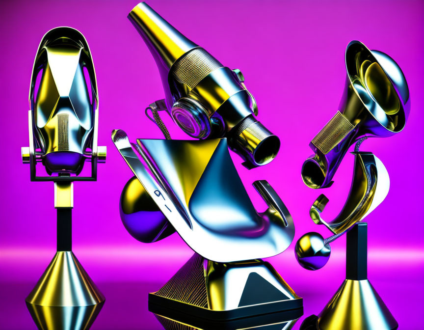 Colorful 3D illustration of metallic objects on purple background