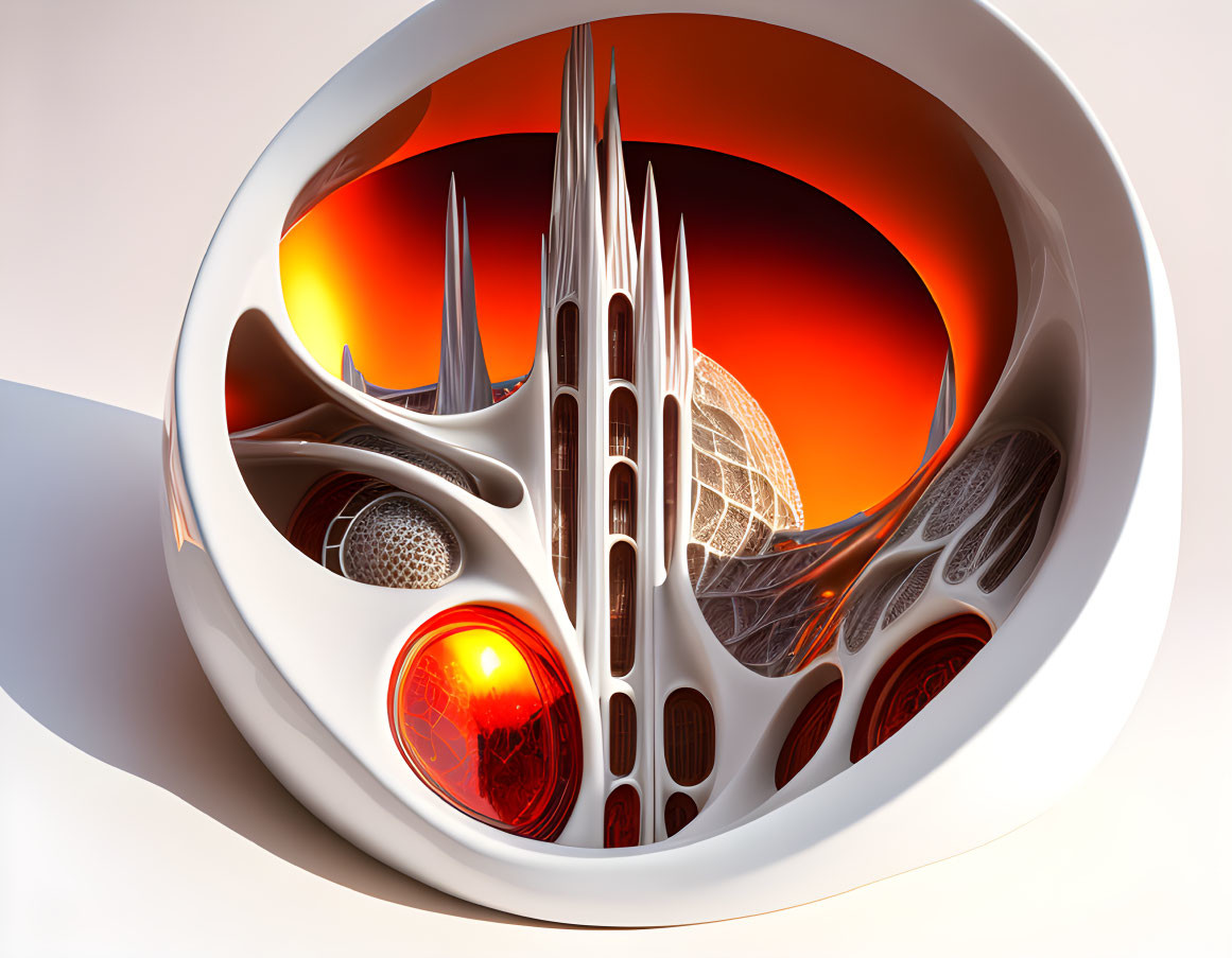 Circular Frame Abstract Artwork: Intricate Structure, Spires, Spheres, Warm Tones