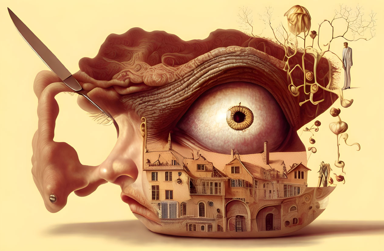 Surreal illustration: Eye, architecture, tiny figures, knife, beige backdrop