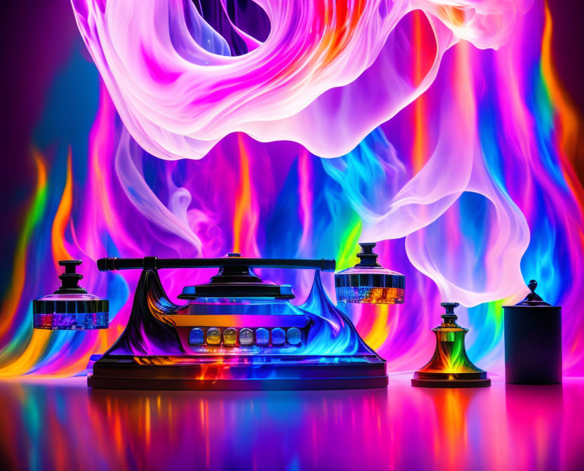 Vibrant abstract art with vintage telephone and neon light trails