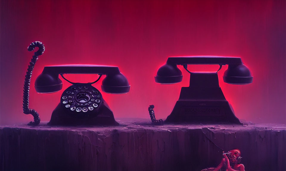 Vintage telephones connected by lifted handset in red-lit scene with miniature figure.