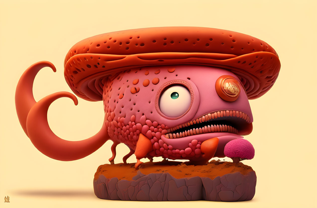 Colorful 3D creature: hamburger-like with one eye, tentacles, and tongue