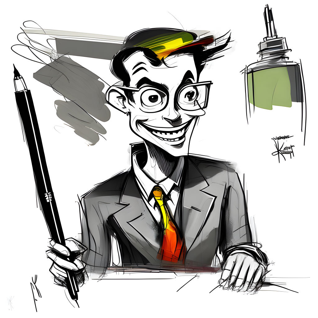 Monochrome caricature of a smiling man in suit with oversized pencil