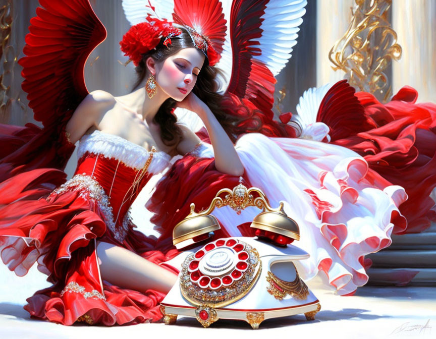 Elaborate red and white dress with feathered headdress in opulent setting