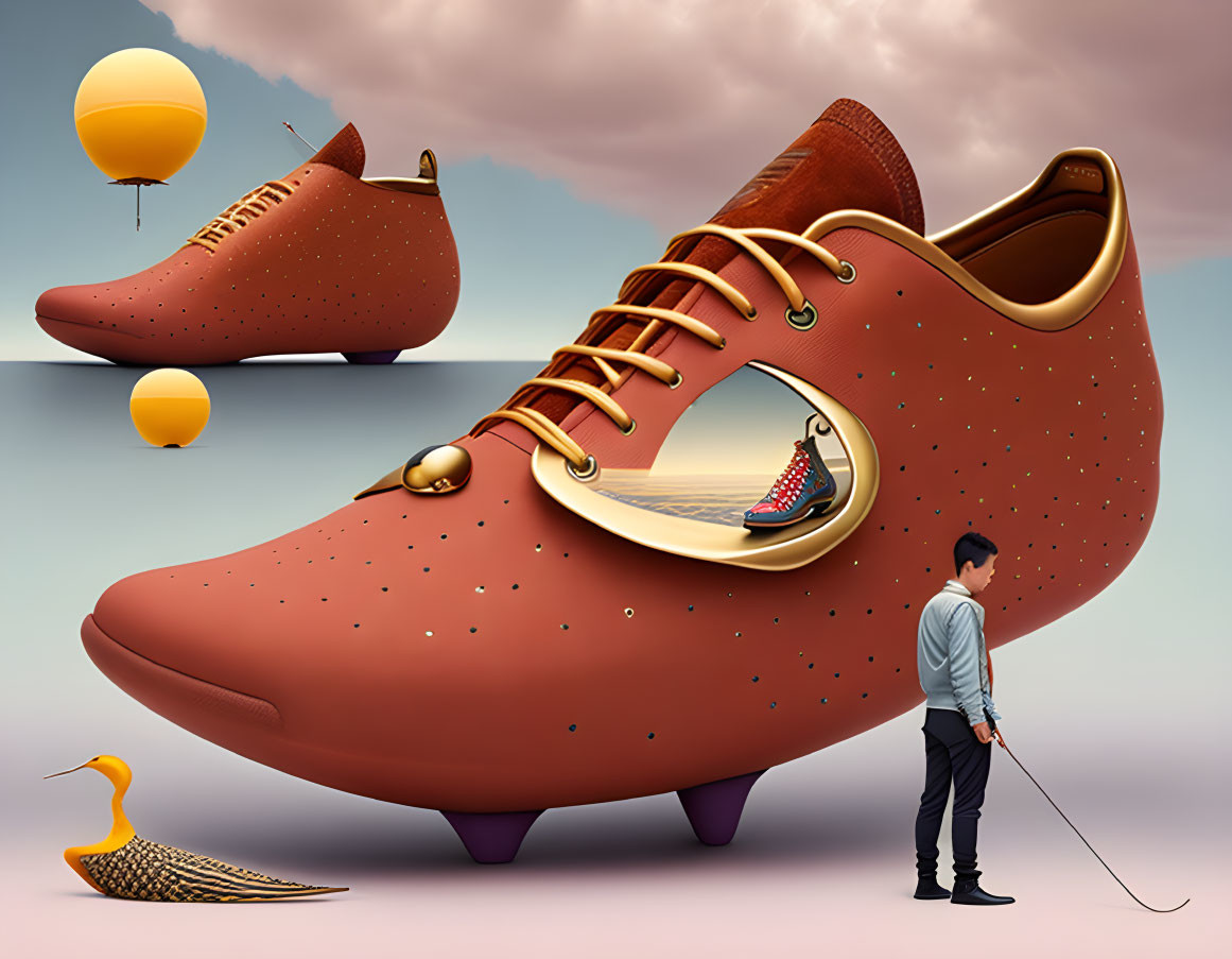 Tiny person with walking stick beside enormous shoe in surreal setting