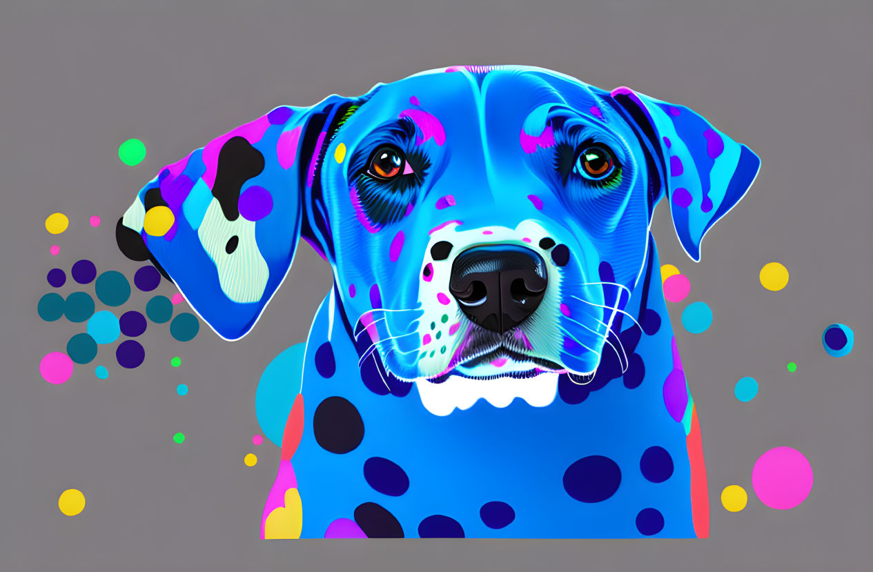 Colorful digital illustration of a blue fur dog with multicolored spots and floating circles on grey.