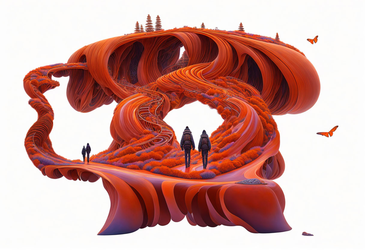 Surreal landscape with orange wave-like structures, tiny figures, trees, and butterflies.