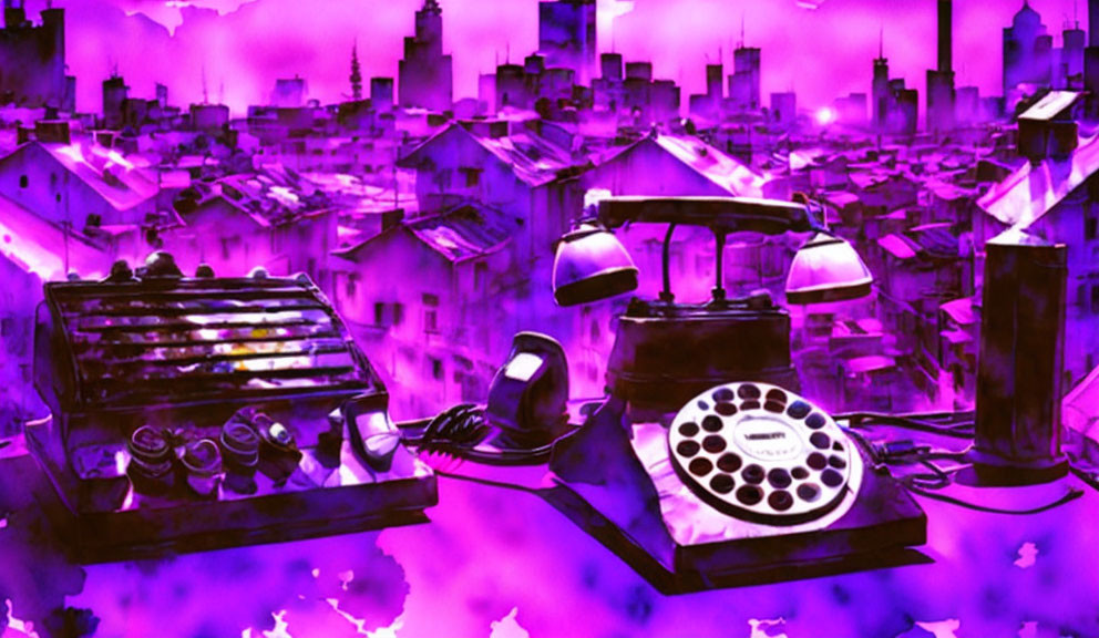 Colorful illustration: old rotary phone and abacus on purple cityscape.