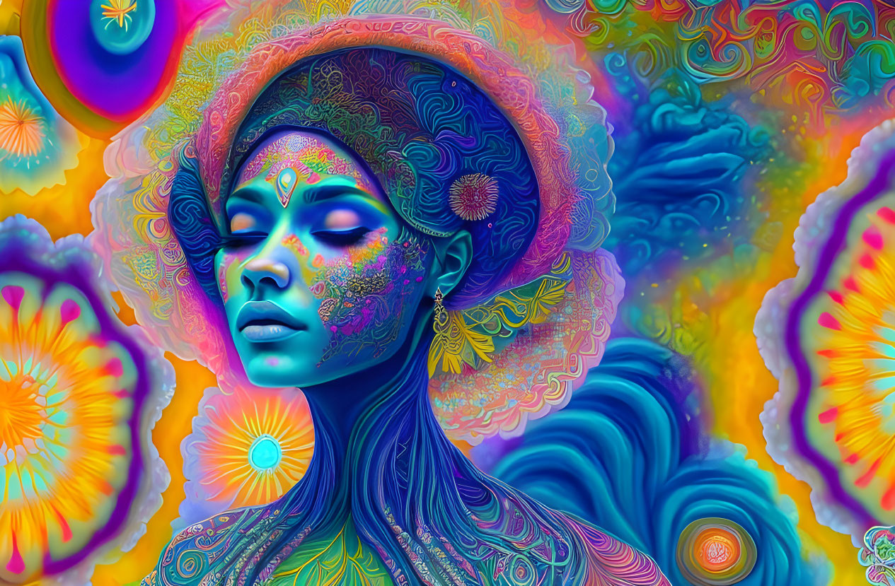 Colorful digital art: blue-skinned woman with ornate patterns in a vibrant, psychedelic floral setting