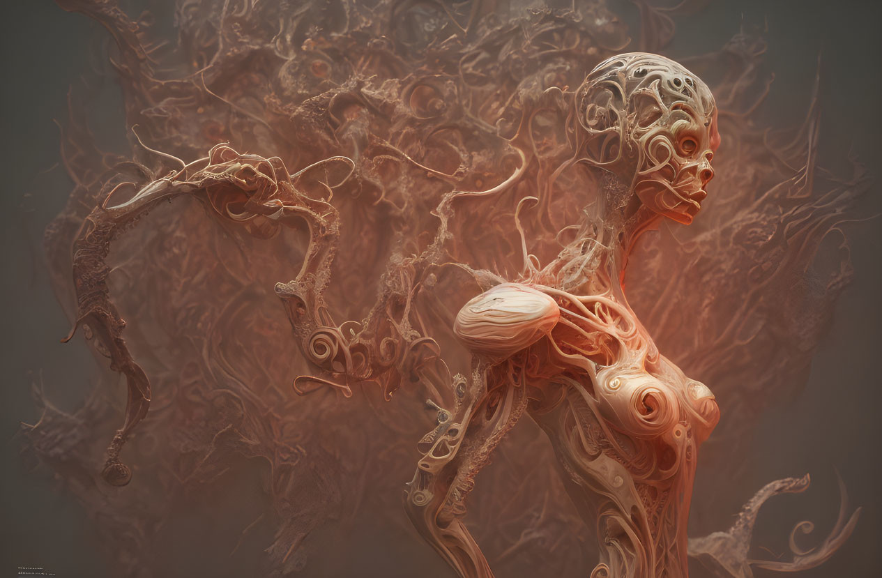 Organic humanoid figure with swirling extensions in warm tones