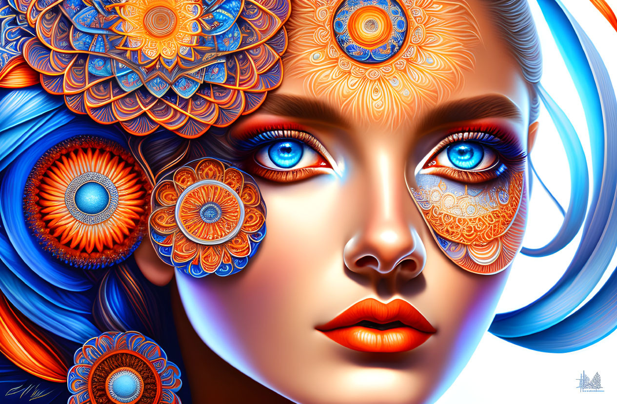 Colorful digital portrait of a woman with mandala patterns overlaying skin