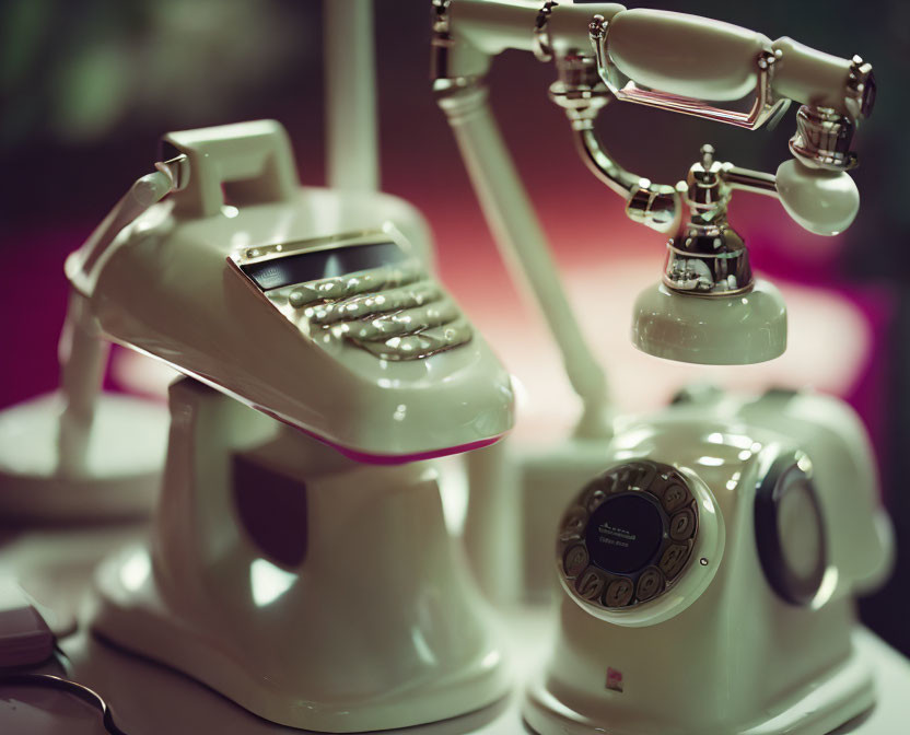 Vintage White Rotary Dial Telephone with Modern Handset & Articulated Arm Lamp in Retro-Futuristic