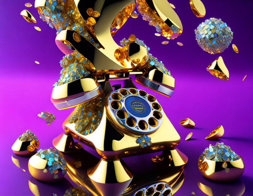 Luxurious golden rotary phone with coins and gems on purple background