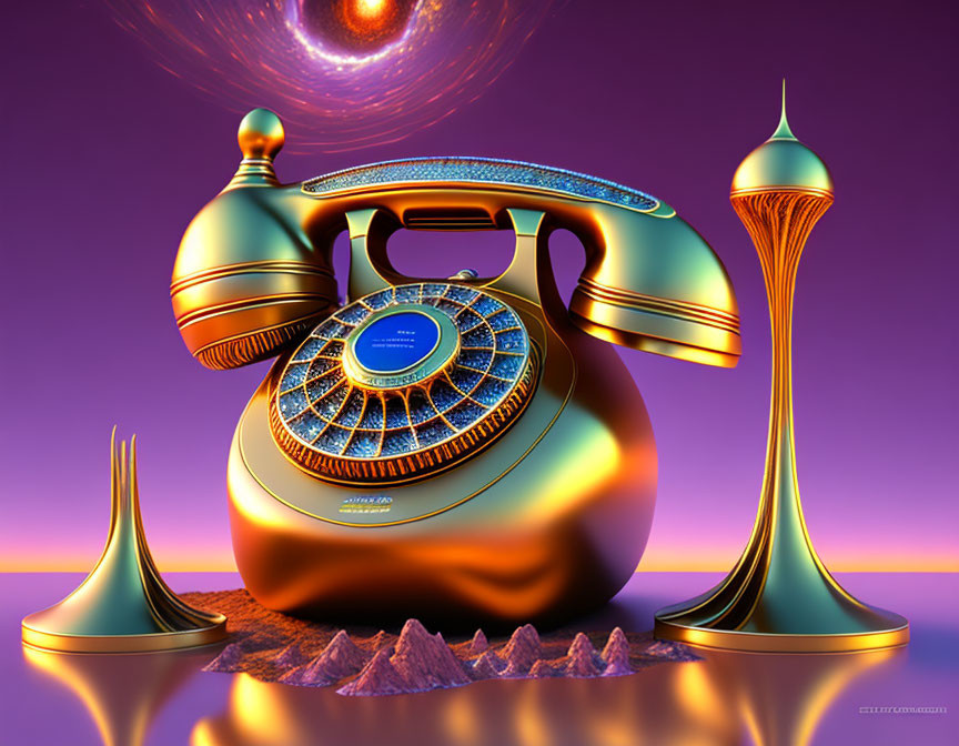 Surreal Eastern-inspired telephone against purple sky