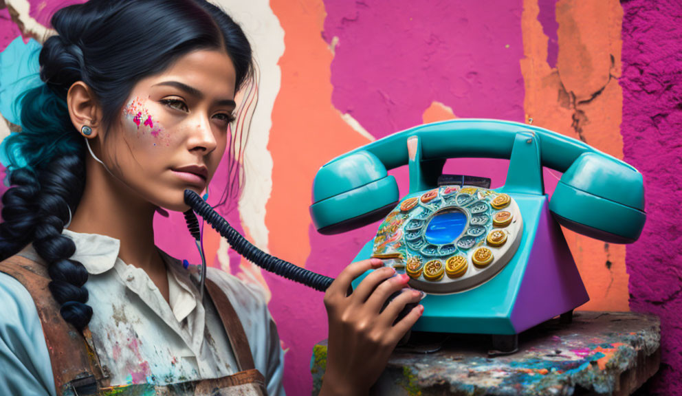 Braided Hairstyle Woman with Rotary Telephone on Colorful Background