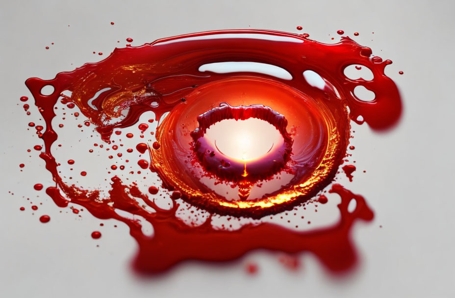 Dynamic red liquid splash with crown-like droplet impact on glossy surface