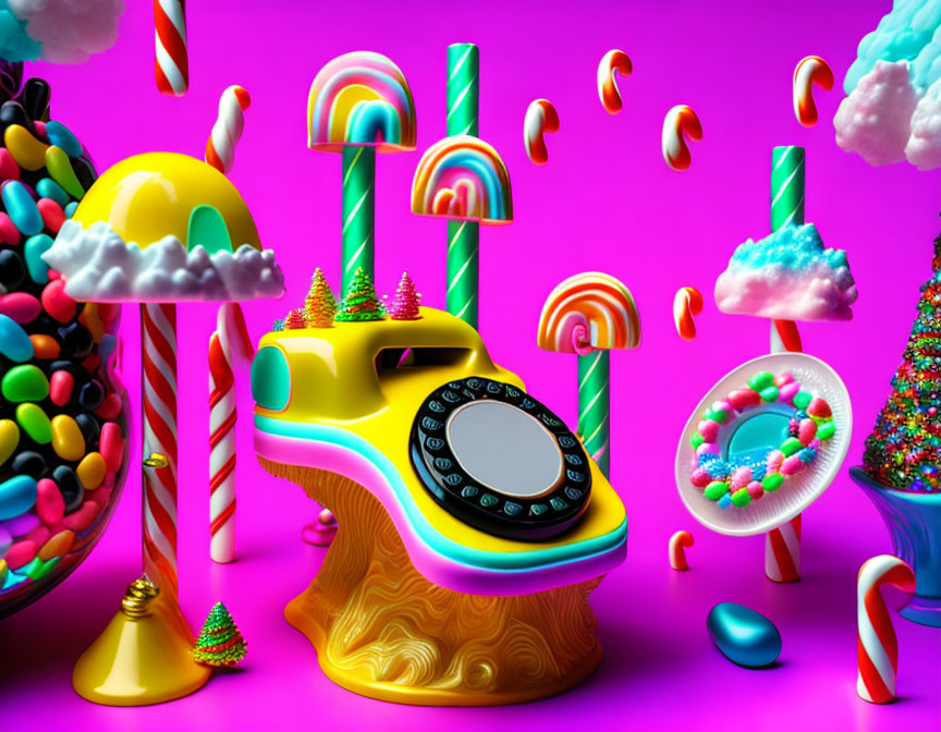 Fantasy landscape with candy-themed rotary phone on wooden stand