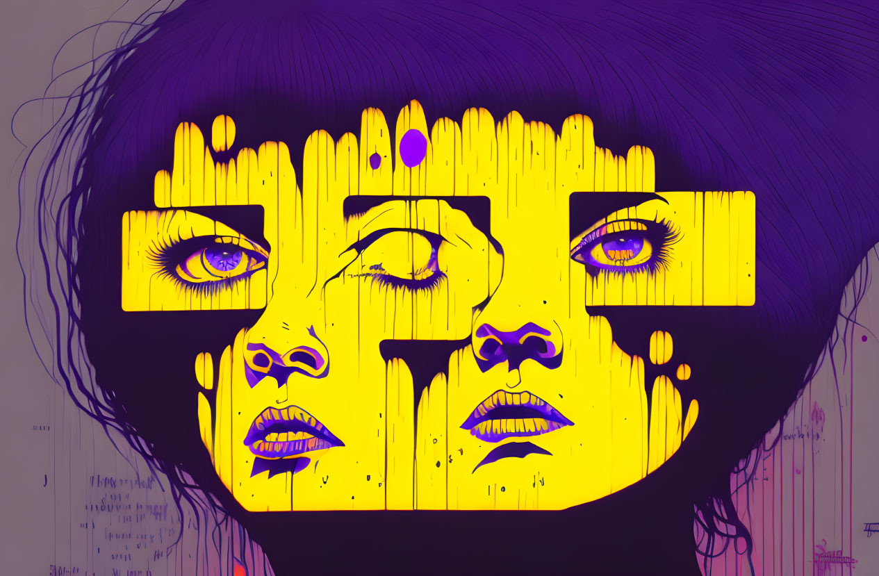 Surreal digital artwork: Three-eyed woman's face in yellow and purple tones