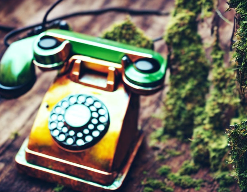 Vintage Green Rotary Telephone on Moss-Covered Wooden Surface