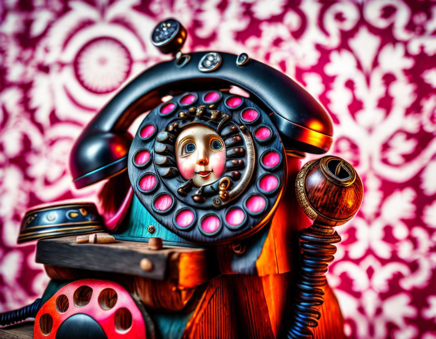 Vintage Telephone with Doll Face Dial and Colorful Buttons on Pink Background