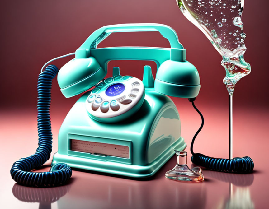 Vintage Turquoise Rotary Dial Telephone with Overturned Champagne Glass on Reflective Surface