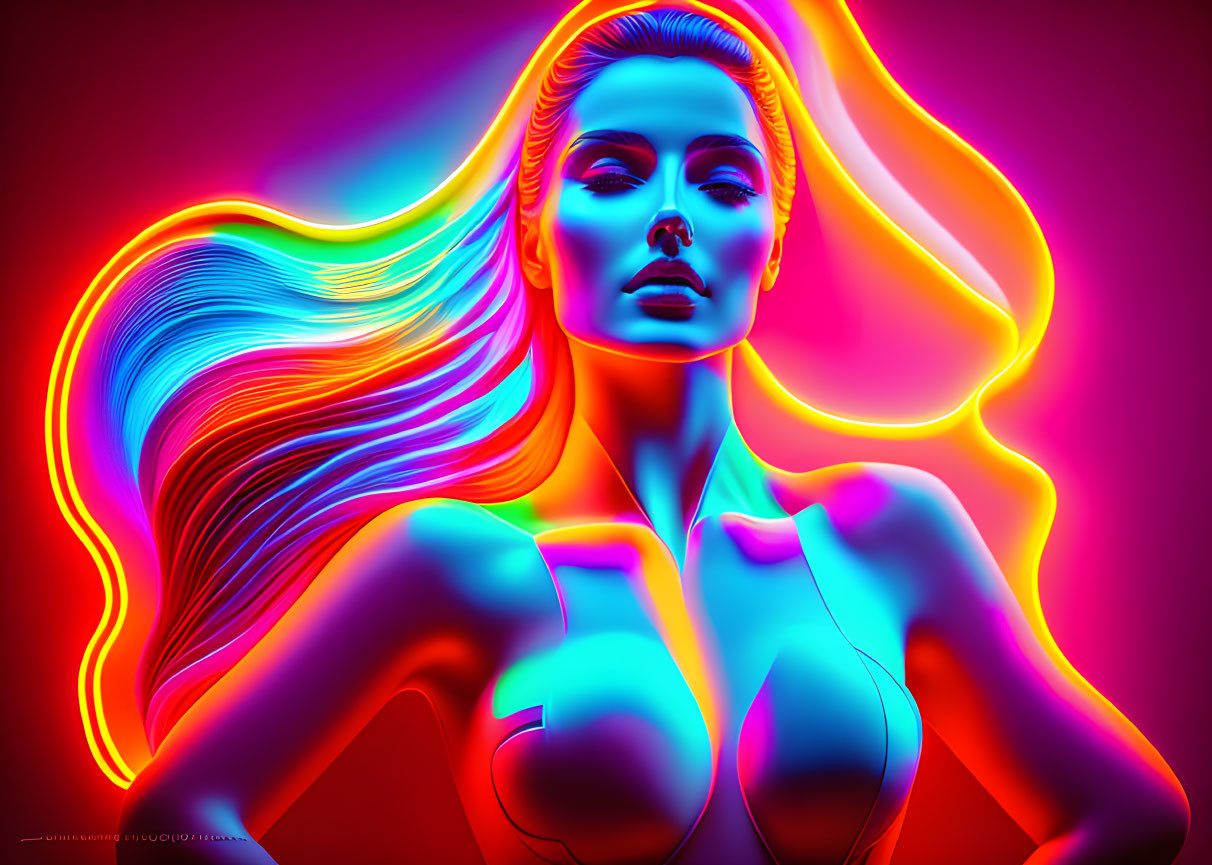 Colorful digital artwork: Woman with flowing hair in neon lights