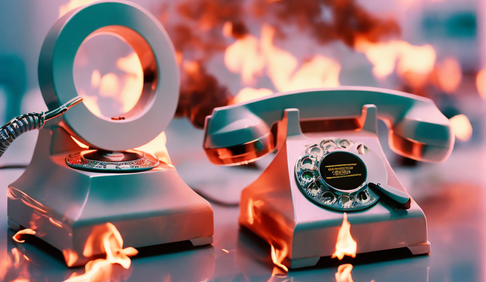 Vintage rotary telephone with flames and colorful lights on reflective surface