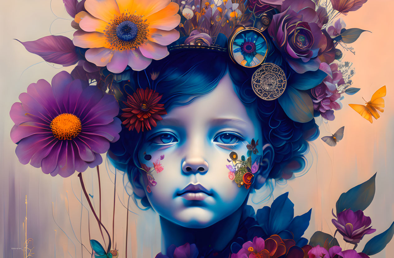 Young girl with blue skin, flowers, butterflies in dreamy digital art