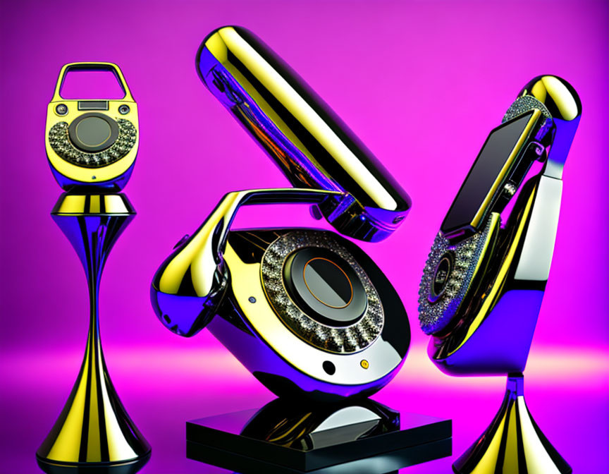 Three ornate gold-plated flip phones with embedded jewels on purple background