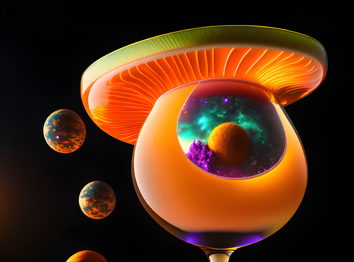 Surreal mushroom-like structures with cosmic scenes and planets on dark background