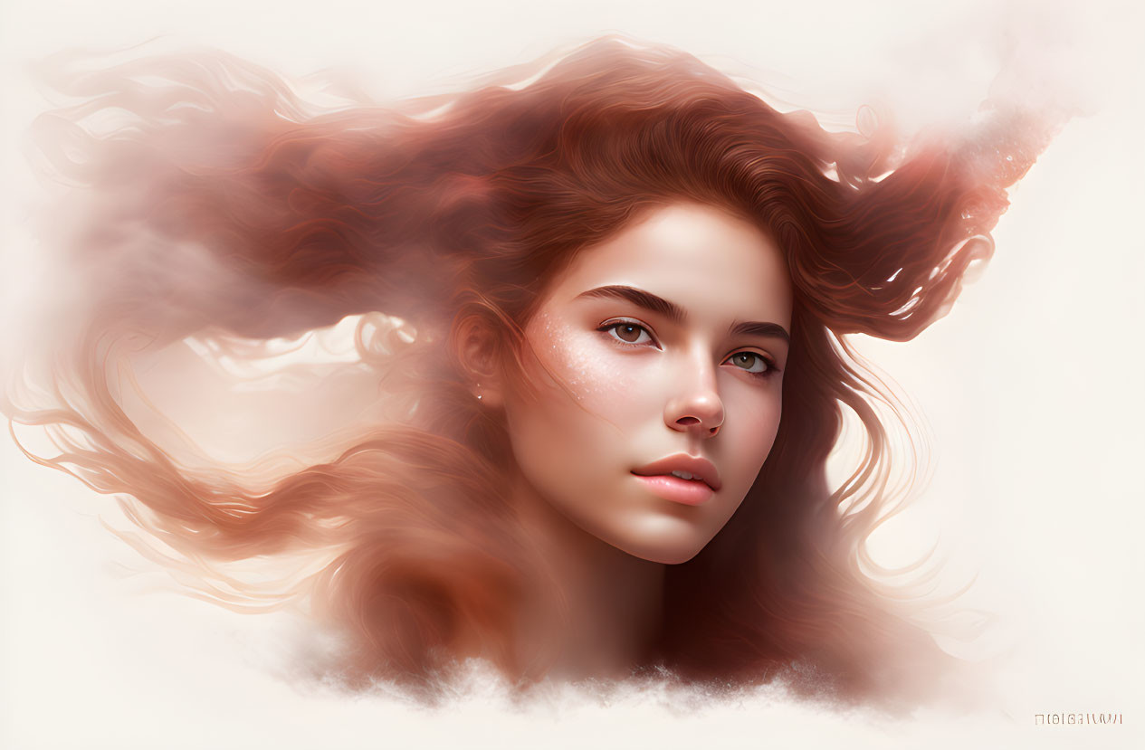 Auburn-haired woman in serene digital art