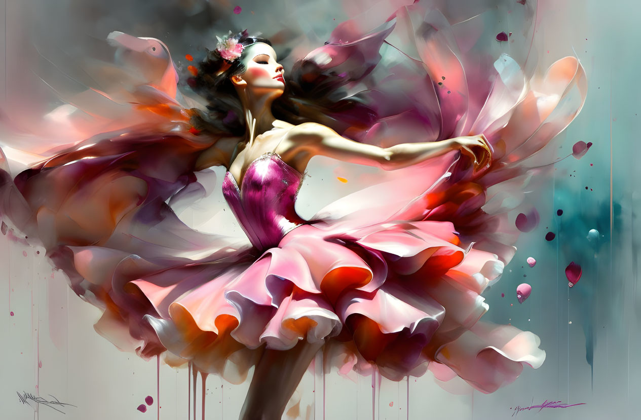 Colorful image of woman dancing in pink dress with abstract splashes