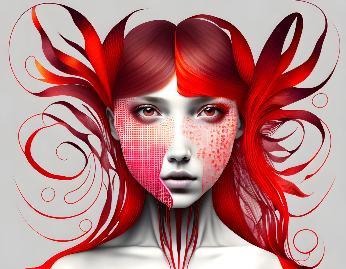 Digital artwork: Female figure with red hair, swirling patterns, pale complexion, and captivating gaze