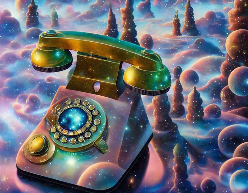 Surreal vintage rotary phone in cosmic space with colorful nebulas