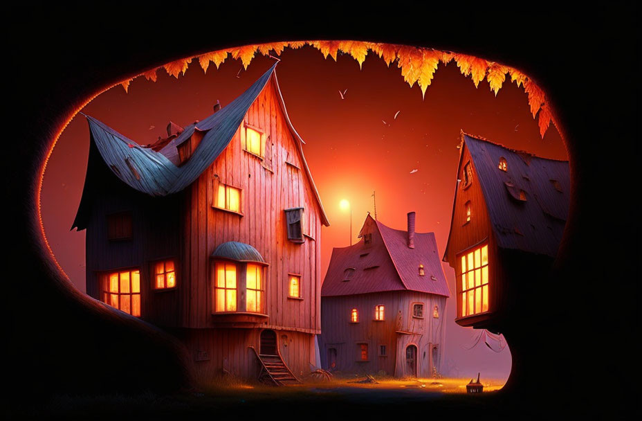 Exaggerated whimsical houses at twilight with glowing windows