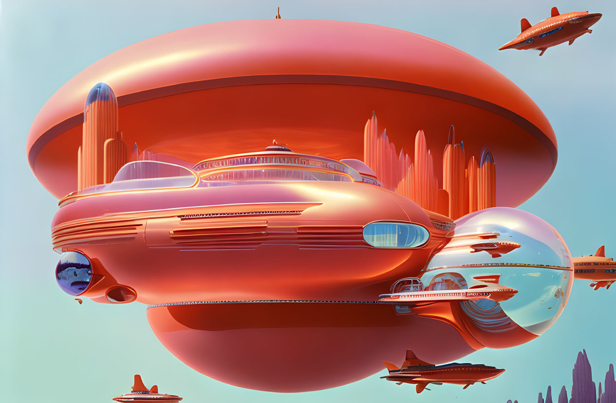 Futuristic orange airship in a pastel sky with sleek lines