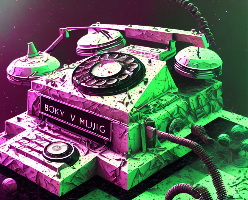 Abstract Retro-Futuristic Rotary Telephone in Neon Pink-Green with Cyrillic Text on Starry Background