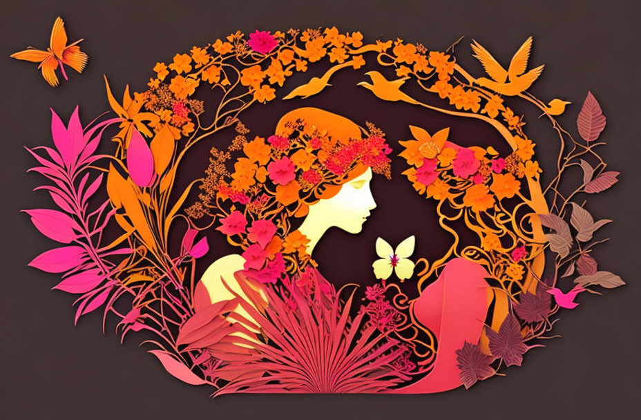 Detailed paper art of woman's profile with orange and pink florals on dark backdrop