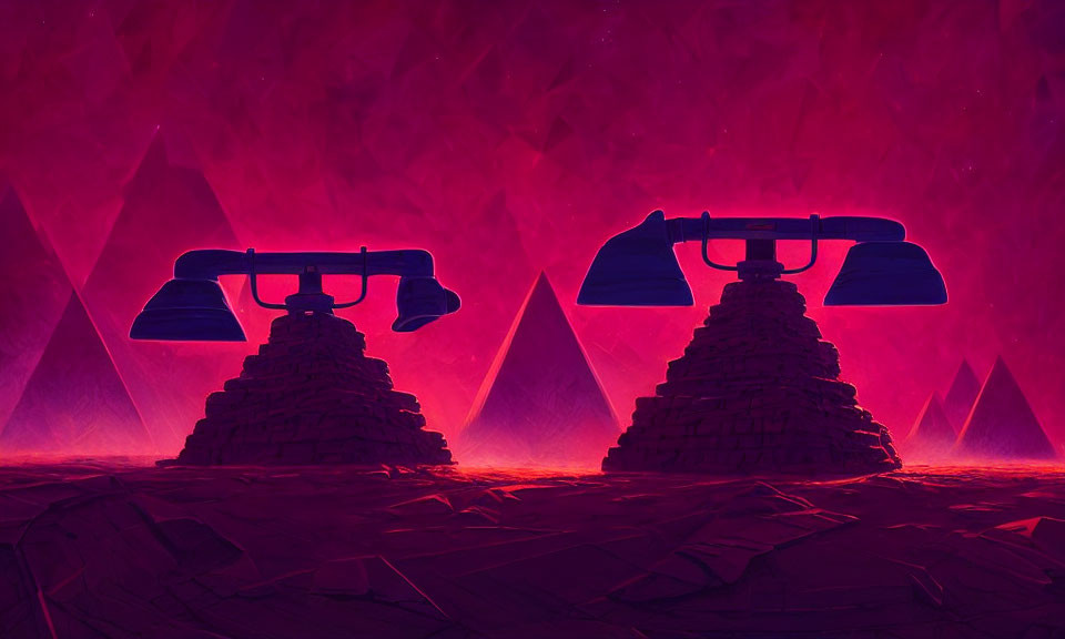 Vintage telephones on pyramid-like structures in surreal red geometric landscape