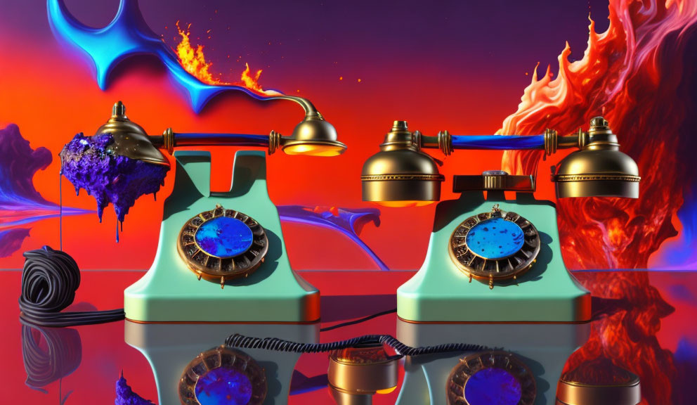 Vintage Rotary Telephones with Surreal Elements on Dramatic Background