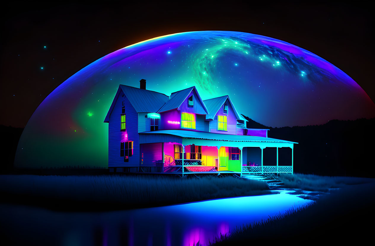 Colorful house under surreal sky with aurora and large planet