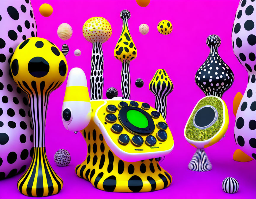 Colorful surreal landscape with patterned mushrooms and polka-dotted objects