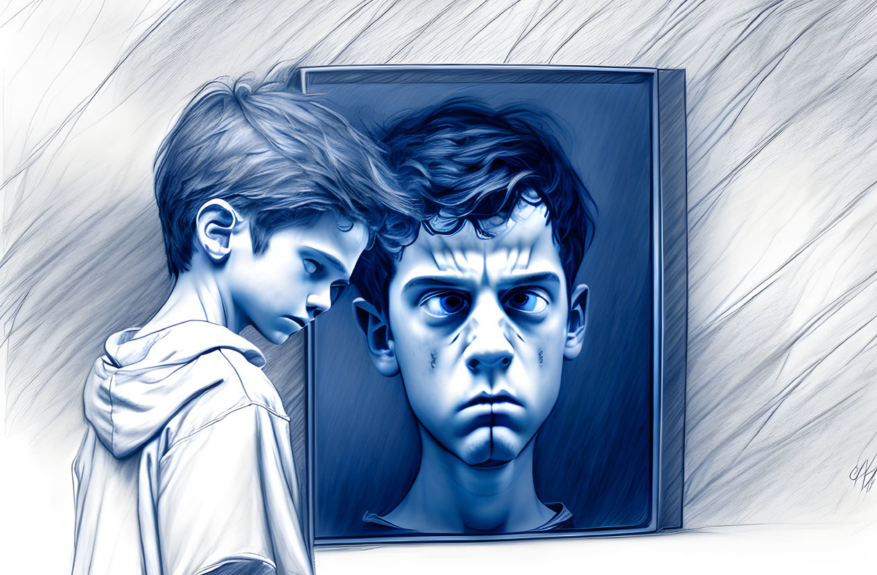 Digital artwork: Young boy with somber expression reflecting sad face.