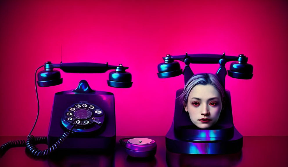 Surreal artwork: Woman's face merged into telephone on pink background