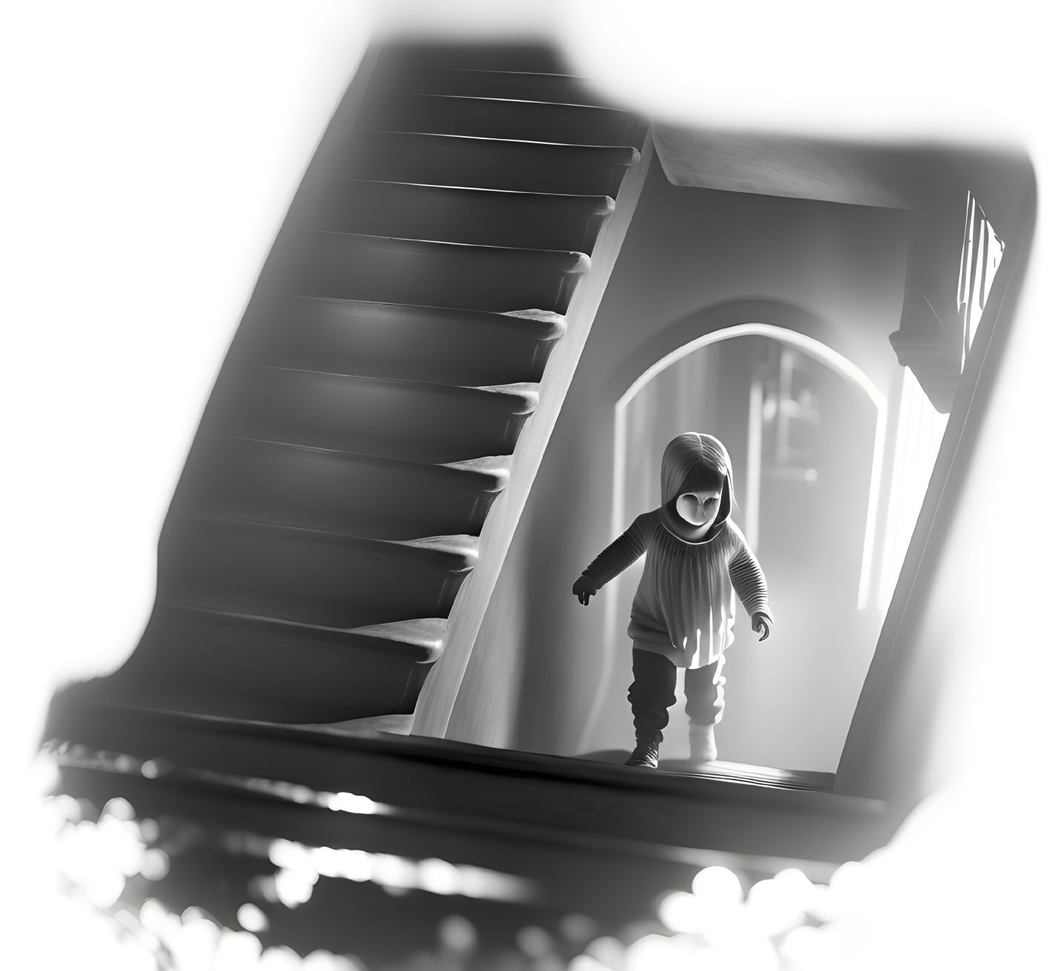 Monochrome artwork of child on staircase under window light